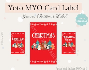 May include: Three red printable labels for a Yoto MYO card. The labels feature a Christmas theme with a cartoon illustration of Santa Claus, a snowman, a penguin, and other animals. The text on the labels reads "Christmas Songs and Stories", "Christmas", and "Christmas Content".