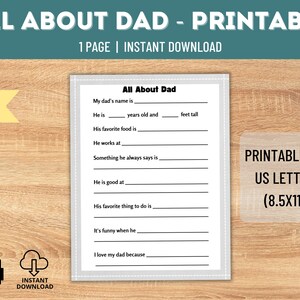 All About Dad printable activity, Questionaire about Dad, Printable Father&#39;s Day activity, Personalized gift for dad, birthday gift dad