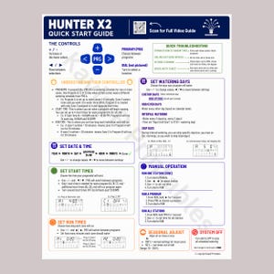 K&ouml;nnte beinhalten: Die Hunter X2 Kurzanleitung ist ein wei&szlig;es Informationsblatt mit blauen, gr&uuml;nen und orangefarbenen &Uuml;berschriften. Es enth&auml;lt Text, Diagramme und Symbole zur Erl&auml;uterung der Steuerungseinstellungen, Bew&auml;sserungspl&auml;ne und Fehlerbehebung.
