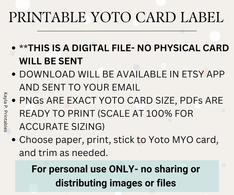 May include: Printable digital file for Yoto card labels. This digital download is available in the Etsy app and sent to your email. The PNGs are the exact size of a Yoto card and PDFs are ready to print at 100% for accurate sizing. Choose paper, print, stick to a Yoto card, and trim as needed. For personal use only - no sharing or distributing images or files.