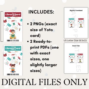 May include: Digital printable library card template featuring a child reading a book. The template includes two PNG files and two PDF files in two sizes: 5.4 cm x 8.56 cm and US Letter size (8.5 x 11 inches).