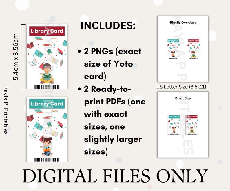 May include: Digital printable library card template featuring a child reading a book. The template includes two PNG files and two PDF files in two sizes: 5.4 cm x 8.56 cm and US Letter size (8.5 x 11 inches).