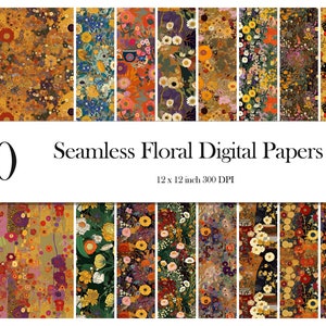Seamless Floral Digital Papers inspired by Gustav Klimt paintings,printable scrapbook paper, flower backgrounds,