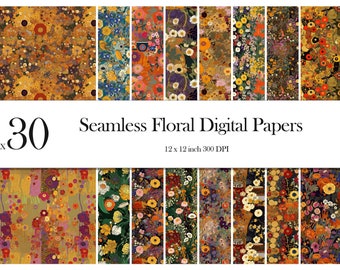 Seamless Floral Digital Papers inspired by Gustav Klimt paintings,printable scrapbook paper, flower backgrounds,