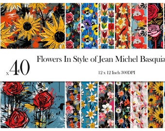 Floral Digital Papiere inspiriert von Jean-Michel Basquiat Gemälden Nahtlos druckbare Blumenhintergründe im Ölgemäldestil, sofortiger Download