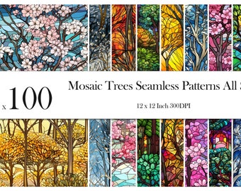 Mosaik Bäume Digitale Papiere vier Jahreszeiten, bedruckbare nahtlose Scrapbook-Papierhintergründe Sublimationsdesign Kommerzielle Nutzung Sofort-Download