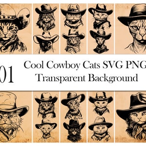 Races de chats Svg Png Cowboy Cat Clipart western art Files For Cricut Cool Cat Silhouette Awesome animal de compagnie avec Hat Svg Digital Printable Download