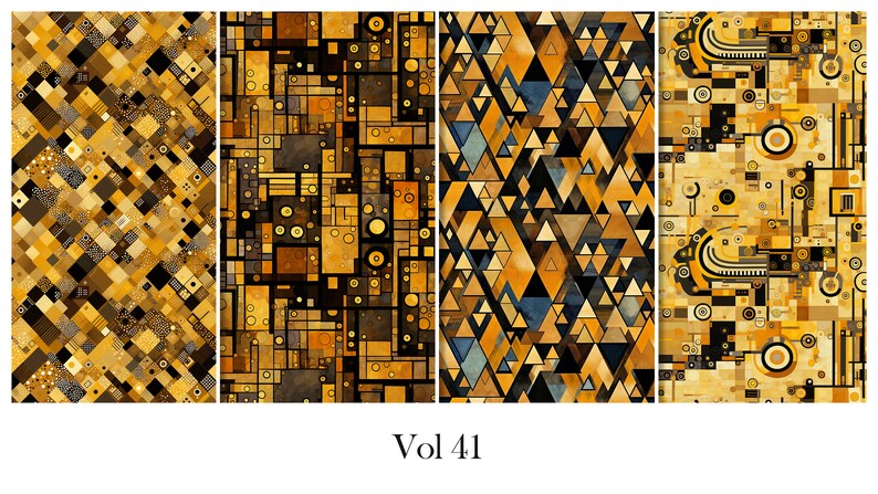 K&ouml;nnte beinhalten: Vier abstrakte Kunstpaneele mit geometrischen Mustern in Gold-, Braun-, Schwarz- und Blaut&ouml;nen. Die Designs umfassen Quadrate, Rechtecke, Kreise und Dreiecke. Der Text "Vol 41" befindet sich unten.