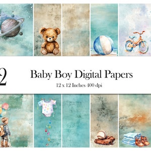 Coleção azul e verde para bebês meninos, desenhos delicados, papel digital aquarela para meninos, papéis doces de infância com balões