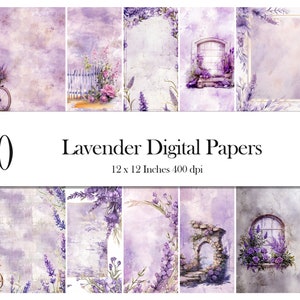 Lavender collection, printable digital papers, PNG scrapbooking paper pack, violet digital papers with lavender, roses and landscape