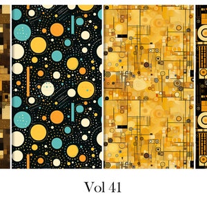 K&ouml;nnte beinhalten: F&uuml;nf abstrakte Musterdesigns in Braun-, Gold-, Schwarz- und T&uuml;rkist&ouml;nen. Die Muster umfassen geometrische Formen, Kreise und Linien. Der Text "Vol 41" befindet sich unten.