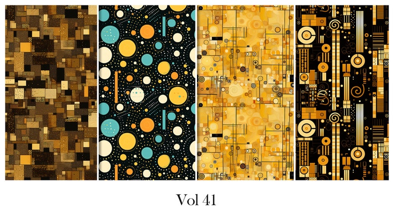 K&ouml;nnte beinhalten: F&uuml;nf abstrakte Musterdesigns in Braun-, Gold-, Schwarz- und T&uuml;rkist&ouml;nen. Die Muster umfassen geometrische Formen, Kreise und Linien. Der Text "Vol 41" befindet sich unten.
