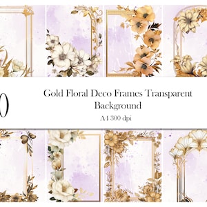 Gold Deco Frames Floral Cliparts Transparent Pngs A4 Größe, Design Elements Deco Borders Clipart, Instant Download Digital Clip art