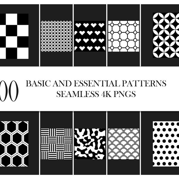 Essential Patterns Black and white Simple Basic Seamless Digital Papers 4k PNG like Checkers Stripe Stars Dots Bricks Hearts Hexagons Grid