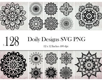 Doily SVG Bundle. 128 Transparent PNG of Different Beautiful Doilies Inspired by Flowers Stars Snow Flakes. Digital File Instant Download