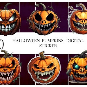 Halloween pumpkins digital stickers cliparts bundle good for print on demand scary and spooky expressions transparent pngs commercial use