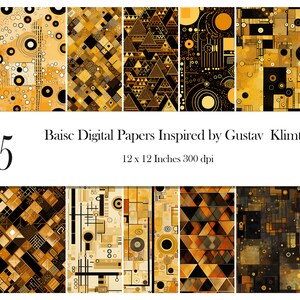 May include: A collection of 25 digital papers with geometric patterns in shades of gold, black, and white. The papers are inspired by Gustav Klimt and measure 12 x 12 inches at 300 dpi. The text on the image reads "Baisc Digital Papers Inspired by Gustav Klimt".