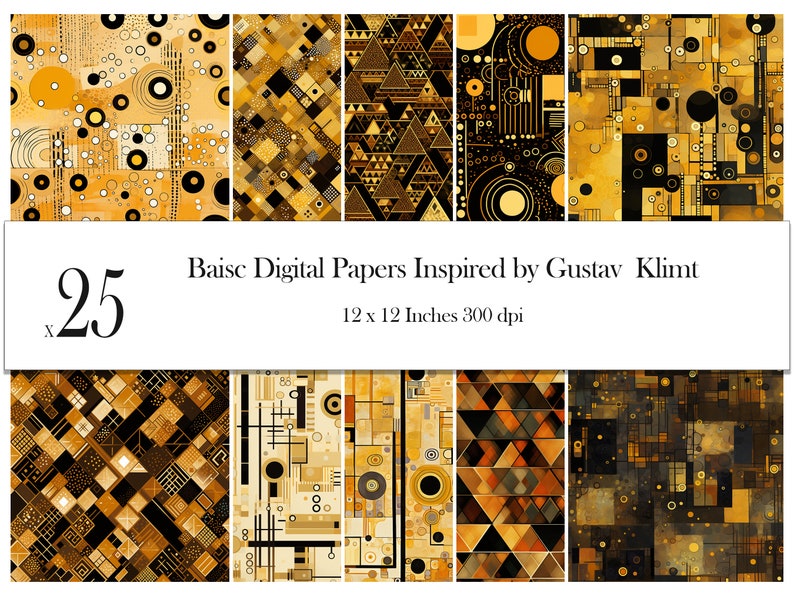 K&ouml;nnte beinhalten: Eine Sammlung von 25 digitalen Papieren mit geometrischen Mustern in Gold, Schwarz und Wei&szlig;. Inspiriert von Gustav Klimt, messen die Papiere 30,48 cm x 30,48 cm bei 300 dpi. Der Text auf dem Bild lautet "Baisc Digital Papers Inspired by Gustav Klimt".