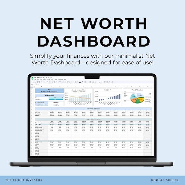 Net Worth Tracker Spreadsheet Template for Google Sheets, Net Worth Dashboard, Personal Finance, Assets and Liabilities Template