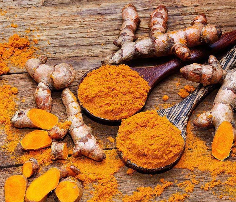 May include: Close-up of turmeric root and ground turmeric powder in wooden spoons. The turmeric root is a bright yellow color and has a rough texture. The powder is a vibrant orange color and is finely ground.