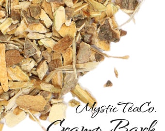 May include: Close-up of dried, light brown and tan pieces of cramp bark, a type of herb used in herbal remedies. The text "Mystic Tea Co. Cramp Bark" is printed below the herb.