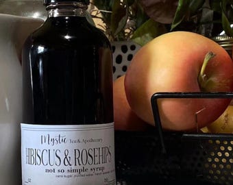 Jarabe de hibisco y rosa mosqueta, jarabe de hierbas natural, azúcar de caña, ingredientes orgánicos, envase de vidrio, delicioso, jarabe para cócteles.