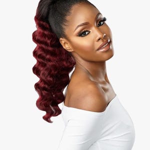May include: A dark-rooted, burgundy-coloured wavy ponytail extension. The hairpiece is styled in a high ponytail, with the wavy texture cascading down. The model is wearing a white off-the-shoulder top.