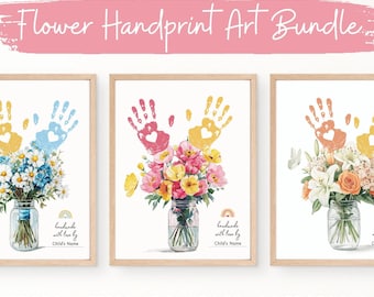 May include: Set of three watercolor handprint art prints featuring a bouquet of flowers in a mason jar. Each print includes a handprint with a heart in the center and the text "handmade with love by" and "Child's Name". The prints are available in three sizes: 8.5 inches by 11 inches, 8 inches by 10 inches, and A4.