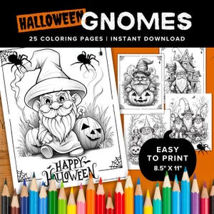 25 Spooky Halloween Gnome Coloring Book Pages for Adults, Printable PDF, Instant Download, Grayscale Design. Digital download only.