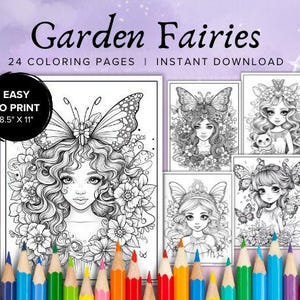 Garden Fairy Coloring Pages for Adults & Kids, Relaxing Fall Grayscale Coloring Sheets with Cute Forest Animals, Digital Download.
