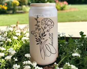 Personalized Iced Coffee Cup 20oz Glass Cup, Custom Beer Can Glass with Lid and Straw, Bridesmaid Proposal Gift Glass can coffee cup