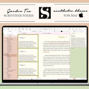 Könnte beinhalten: Ein Screenshot eines Computerbildschirms, der die Schreibsoftware Scrivener mit einem ästhetischen Garten-Tee-Thema zeigt. Das Thema verfügt über einen hellrosa Hintergrund mit grünen und goldenen Akzenten. Der Text "Garden Tea Scrivener Theme" wird oben auf dem Bildschirm angezeigt. Die Software ist für ein Dokument mit einer Kapitelliste und Text geöffnet.