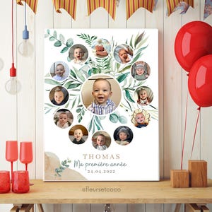 Peut inclure: Une toile imprimée blanche avec un fond aquarelle vert représentant un cercle de photos d'un bébé garçon. Le texte "THOMAS Ma première année 24.04.2022 @fleursetcoco" est imprimé sous les photos.