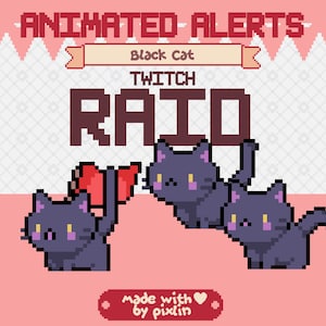 Black Cat-invalwaarschuwingspakket | Geanimeerde zwarte kat-waarschuwingen | Twitch-meldingen Cute Kitty | Pixel-streammelding | Bundel met gezellige pixeloverlay | 3 meldingen