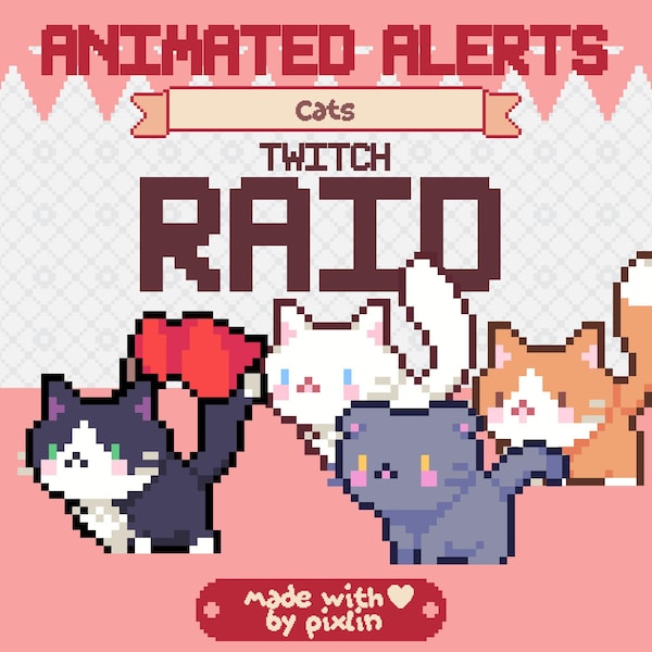 Cats Twitch Raid Alert Pack | Cute Animated Pixel Cat Bundle | Stream Pet Raid Overlay Assets | 3x Alerts