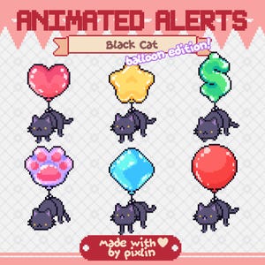 黒猫バルーンTwitchアラートパック | アニメーションピクセル猫ストリームアラート | かわいい子猫Twitchペットオーバーレイバンドル | アラート8個