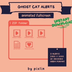 Może przedstawiać: Grafika produktu cyfrowego z tekstem "GHOST CAT ALERTS" i "animated fullscreen". Obraz zawiera czerwoną ikonę folderu z ikonami wideo i dokument&oacute;w oraz ikonę serca. Tekst wskazuje "3 ALERTS, 1920 x 1080, 15 SECONDS, WEBM FORMAT."