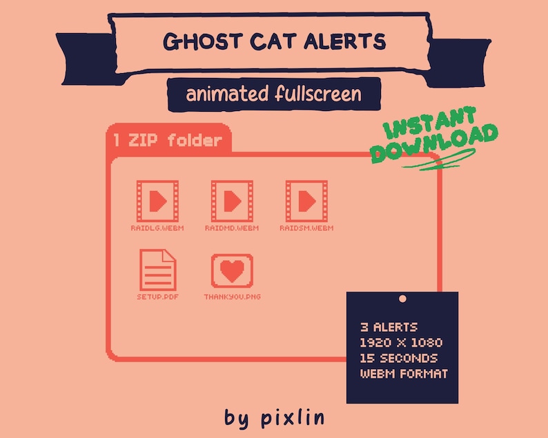 Może przedstawiać: Grafika produktu cyfrowego z tekstem "GHOST CAT ALERTS" i "animated fullscreen". Obraz zawiera czerwoną ikonę folderu z ikonami wideo i dokument&oacute;w oraz ikonę serca. Tekst wskazuje "3 ALERTS, 1920 x 1080, 15 SECONDS, WEBM FORMAT."