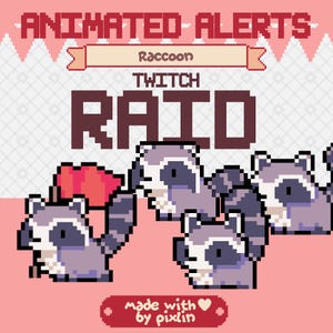 Raccoon Twitch Raid Alert Pack | Cute Animated Pixel Trash Panda Bundle | Raccoon Pet Stream Overlay Assets | 3x Alerts