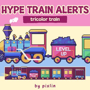 May include: A pixelated illustration of a tricolor train with the text "HYPE TRAIN ALERTS." The train is blue, red, and yellow, with a coal car labeled "LEVEL UP." A smaller train illustration is below, with the text "ALL TIME HIGH."
