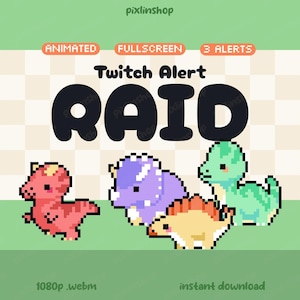 May include: A digital graphic featuring pixel art of four colourful dinosaurs in red, purple, yellow, and green. The text reads Twitch Alert RAID, ANIMATED, FULLSCREEN, 3 ALERTS, 1080p .webm, and instant download against a light green checkered background.