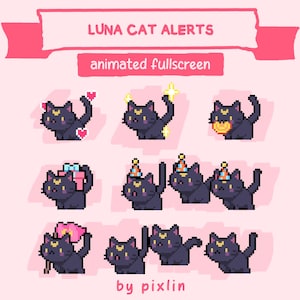 Luna Cat Twitch Alerts Pack | Animated Pixel Moon Cat Stream Alerts | Cute Kawaii Kitty Pet Overlay Bundle | 8x Alerts