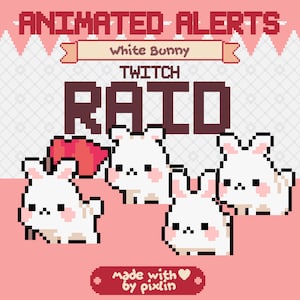 Peut inclure: Alerte de raid Twitch animée avec un lapin blanc aux joues roses. L'alerte indique "White Bunny Twitch Raid" dans une police de caractères pixélisée.