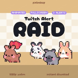 Puede incluir: Un gráfico digital para alertas de Twitch, con personajes de animales pixelados y la palabra "RAID" en negrita. La imagen incluye el texto "ANIMATED", "FULLSCREEN" y "3 ALERTS". El fondo es de color marrón claro.