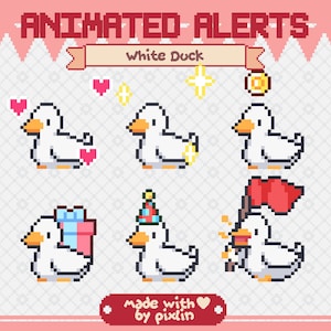 Paquete de alertas de transmisión de píxeles de White Duck / Alertas de pato animadas / Alertas de Twitch de Cottagecore / Alerta de transmisión de Cute Goose / Paquete de superposición / 8 alertas