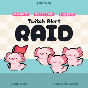 May include: A digital graphic for Twitch alerts, featuring the word "RAID" in black, pixelated axolotls, and text reading "Animated", "Fullscreen", and "3 Alerts". The background is a light blue and beige checkered pattern. The image is designed for streaming.
