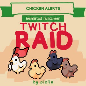 Puede incluir: Gráfico animado de alerta de Twitch Raid con pollos pixelados de varios colores. Se muestra el texto "CHICKEN ALERTS" y "TWITCH RAID". El gráfico está diseñado por pixlin.