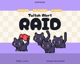 Alertas animadas de incursiones de gatos negros en Twitch / Superposiciones de transmisión góticas (3x)