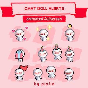 Chat Doll Twitch Alert Pack | Cute Animated Pixel Chibi Stream Alert Bundle | Twitch Decoration Pet Overlay Assets | 8x Alerts