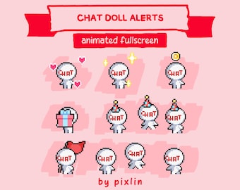 Pacchetto di avvisi Twitch Chat Doll / Pacchetto di avvisi streaming Chibi Pixel animati carini / Risorse di sovrapposizione per animali domestici con decorazioni Twitch / Avvisi 8x